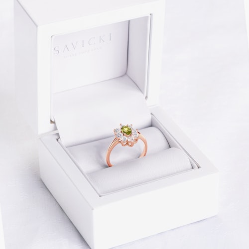 Pierścionek zaręczynowy SAVICKI: różowe złoto, żółty szafir, białe szafiry